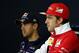 MONTMELO, SPAIN - MAY 08: Fernando Alonso (R) of Spain and Ferrari looks on next Sebastian Vettel of Germany and Infiniti Red Bull Racing during a press conference ahead of the Spanish F1 Grand Prix at Circuit de Catalunya on May 8, 2014 in Montmelo, Spa