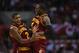 LOS ANGELES, CA - NOVEMBER 05: Kyrie Irving (L)#2 and Dion Waiters #3 of the Cleveland Cavaliers celebrate Irving's three point shot in the closing seconds of the fourth quarter against the Los Angeles Clippers at Staples Center on November 5, 2012 in Lo