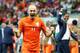 SALVADOR, BRAZIL - JULY 05: Arjen Robben of the Netherlands screams as he celebrates victory after the 2014 FIFA World Cup Brazil Quarter Final match between the Netherlands and Costa Rica at Arena Fonte Nova on July 5, 2014 in Salvador, Brazil. (Photo