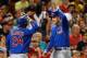 BOSTON, MA - JULY 1: Luis Valbuena #24 and Anthony Rizzo #44 of the Chicago Cubs celebrate in the ninth inning against the Boston Red Sox at Fenway Park on July 1, 2014 in Boston, Massachusetts. (Photo by Jim Rogash/Getty Images)