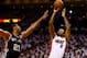 MIAMI, FL - JUNE 12: Rashard Lewis #9 of the Miami Heat takes a shot over Tim Duncan #21 of the San Antonio Spurs during Game Four of the 2014 NBA Finals at American Airlines Arena on June 12, 2014 in Miami, Florida. NOTE TO USER: User expressly acknowle
