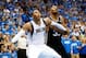 May 2, 2014; Dallas, TX, USA; Dallas Mavericks forward Shawn Marion (0) battles for position with San Antonio Spurs forward Boris Diaw (33) during the game in game six of the first round of the 2014 NBA Playoffs at American Airlines Center. Dallas won 113