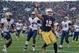 Nov 2, 2013; South Bend, IN, USA; Notre Dame Fighting Irish tight end Ben Koyack (18) celebrates after scoring a touchdown in front of Navy Midshipmen cornerback Brandon Clements (1) and cornerback Parrish Gaines (2) in the third quarter at Notre Dame Sta