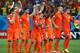 SALVADOR, BRAZIL - JULY 05: (L-R) Daley Blind, Stefan de Vrij, Klaas-Jan Huntelaar, Wesley Sneijder, Dirk Kuyt, Jeremain Lens, Georginio Wijnaldum, Ron Vlaar and Robin van Persie of the Netherlands celebrate after a made penalty kick in a shootout during
