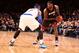 NEW YORK, NY - JANUARY 9: LeBron James #6 of the Miami Heat controls the ball against Carmelo Anthony #7 of the New York Knicks during a game at Madison Square Garden in New York City on January 9, 2014. NOTE TO USER: User expressly acknowledges and agre