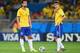 BELO HORIZONTE, BRAZIL - JULY 08: Fred and Oscar of Brazil prepare to kick off after allowing a goal during the 2014 FIFA World Cup Brazil Semi Final match between Brazil and Germany at Estadio Mineirao on July 8, 2014 in Belo Horizonte, Brazil. (Photo