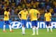BELO HORIZONTE, BRAZIL - JULY 08: Oscar and Fred of Brazil prepare to kick off after a goal during the 2014 FIFA World Cup Brazil Semi Final match between Brazil and Germany at Estadio Mineirao on July 8, 2014 in Belo Horizonte, Brazil. (Photo by Martin