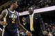 CLEVELAND, OH - FEBRUARY 28: Head Coach Tyrone Corbin of the Utah Jazz talks to Marvin Williams #2 on the sideline against the Cleveland Cavaliers at The Quicken Loans Arena on February 28, 2014 in Cleveland, Ohio. NOTE TO USER: User expressly acknowledg