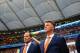 SALVADOR, BRAZIL - JULY 05: Head Coach, Louis van Gaal (R) and his assistant, Danny Blind stand for the national anthem prior to the 2014 FIFA World Cup Brazil Quarter Final match between the Netherlands and Costa Rica at Arena Fonte Nova on July 5, 2014