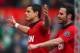 MANCHESTER, ENGLAND - MARCH 29: Javier Hernandez of Manchester United celebrates scoring his team's fourth goal with Juan Mata (R) during the Barclays Premier League match between Manchester United and Aston Villa at Old Trafford on March 29, 2014 in Man