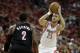 Apr 30, 2014; Houston, TX, USA; Houston Rockets forward Chandler Parsons (25) is defended by Portland Trail Blazers guard Wesley Matthews (2) during the second quarter in game five of the first round of the 2014 NBA Playoffs at Toyota Center. Mandatory Cr