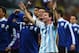 SAO PAULO, BRAZIL - JULY 09: Lionel Messi of Argentina celebrates defeating the Netherlands in a shootout during the 2014 FIFA World Cup Brazil Semi Final match between the Netherlands and Argentina at Arena de Sao Paulo on July 9, 2014 in Sao Paulo, Bra