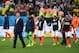 SAO PAULO, BRAZIL - JULY 09: Head coach Louis van Gaal of the Netherlands looks on with his team after being defeated by Argentina in a penalty shootout during the 2014 FIFA World Cup Brazil Semi Final match between the Netherlands and Argentina at Arena