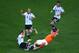SAO PAULO, BRAZIL - JULY 09: Daryl Janmaat of the Netherlands challenges Lucas Biglia of Argentina during the 2014 FIFA World Cup Brazil Semi Final match between the Netherlands and Argentina at Arena de Sao Paulo on July 9, 2014 in Sao Paulo, Brazil. (