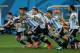 SAO PAULO, BRAZIL - JULY 09: Lionel Messi, Pablo Zabaleta, Martin Demichelis, Marcos Rojo, Lucas Biglia, Javier Mascherano, Rodrigo Palacio, Ezequiel Garay and Sergio Aguero of Argentina celebrate defeating the Netherlands in a penalty shootout during th