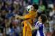 VALLADOLID, SPAIN - MAY 07: Alvaro B. Morata (L) of Real Madrid CF wins the header after Marc Valiente (R) of Real Valladolid CF during the La Liga match between Real Valladolid CF and Real Madrid CF at Estadio Jose Zorilla on May 7, 2014 in Valladolid, S