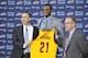 INDEPENDENCE, OH - JUNE 27: First overall draft pick Andrew Wiggins of the Cleveland Cavaliers is introduced to the media alongside Head Coach David Blatt and General Manager David Griffin at The Cleveland Clinic Courts on June 27, 2014 in Independence,