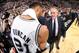 SAN ANTONIO, TX - JUNE 15: Tim Duncan #21 of the San Antonio Spurs and Pat Riley of the Miami Heat shake hands after the San Antonio Spurs victory in Game Five to win the 2014 NBA Finals between the Miami Heat and San Antonio Spurs at AT&T Center on June