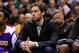 Apr 16, 2014; San Antonio, TX, USA; Los Angeles Lakers center Pau Gasol (16) watches from the bench against the San Antonio Spurs during the second half at AT&T Center. The Lakers won 113-100. Mandatory Credit: Soobum Im-USA TODAY Sports