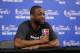 MIAMI, FL JUNE 1: Dwyane Wade of the Miami Heat addresses the media at NBA Finals Media Availability on June 11, 2014 at American Airlines Arena in Miami, Florida. NOTE TO USER: User expressly acknowledges and agrees that, by downloading and or using thi