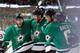 DALLAS, TX - APRIL 21: (L-R) Tyler Seguin #91 of the Dallas Stars; Patrik Nemeth #37 of the Dallas Stars; Jamie Benn #14 of the Dallas Stars; and Trevor Daley #6 of the Dallas Stars celebrate after Benn scored against the Anaheim Ducks in the first perio