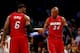 NEW YORK, NY - MAY 12: LeBron James #6 and Ray Allen #34 of the Miami Heat celebrate in the final minutes of the game against the Brooklyn Nets in Game Four of the Eastern Conference Semifinals during the 2014 NBA Playoffs at the Barclays Center on May 1
