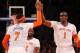 Mar 23, 2014; New York, NY, USA; New York Knicks forward Carmelo Anthony (7) celebrates with forward Amar'e Stoudemire (1) after scoring during the first quarter against the Cleveland Cavaliers at Madison Square Garden. Mandatory Credit: Anthony Gruppuso