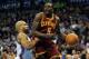 Feb 26, 2014; Oklahoma City, OK, USA; Cleveland Cavaliers small forward Luol Deng (9) handles the ball against Oklahoma City Thunder point guard Derek Fisher (6) during the second quarter at Chesapeake Energy Arena. Mandatory Credit: Mark D. Smith-USA TOD