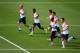 RIO DE JANEIRO, BRAZIL - JUNE 14: Arjen Robben, Robin van Persie, Bruno Martins Indi, Daryl Janmaat Jonathan de Guzman and Stefan de Vrij warm up during the Netherlands training session at the 2014 FIFA World Cup Brazil held at the Estadio Jose Bastos Pa
