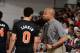 LAS VEGAS, NV - JULY 11: Head coach Derek Fisher of the New York Knicks speaks with Shane Larkin #0 against the Dallas Mavericks during the game on July 11, 2014 at Cox Pavilion in Las Vegas, Nevada. NOTE TO USER: User expressly acknowledges and agrees th