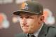BEREA, OH - MAY 9: Cleveland Browns draft pick Johnny Manziel answers questions during a press conference at the Browns training facility on May 9, 2014 in Cleveland, Ohio. Manziel was selected in the first round with the 22nd pick. (Photo by Jason Miller