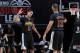 LAS VEGAS, NV - JULY 13: Jordan Clarkson #5 and Kendall Marshall #12 of the Los Angeles Lakers celebrate during a game against the New Orleans Pelicans on July 13, 2014 at Thomas & Mack in Las Vegas, Nevada. NOTE TO USER: User expressly acknowledges and