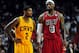 Feb 24, 2013; Miami, FL, USA; Cleveland Cavaliers point guard Kyrie Irving (2) and Miami Heat small forward LeBron James (6) during the second half at the American Airlines Arena. MIami won 109-105. Mandatory Credit: Steve Mitchell-USA TODAY Sports