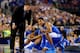 ARLINGTON, TX - APRIL 07: Head coach John Calipari speaks to Andrew Harrison #5 of the Kentucky Wildcats during the NCAA Men's Final Four Championship against the Connecticut Huskies at AT&T Stadium on April 7, 2014 in Arlington, Texas. (Photo by Ronald