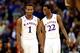 KANSAS CITY, MO - MARCH 13: Wayne Selden, Jr. #1 of the Kansas Jayhawks celebrates with Andrew Wiggins #22 as the Jayahwks defeat the Oklahoma State Cowboys 77-70 to win the Big 12 Basketball Tournament quarterfinal game at Sprint Center on March 13, 201