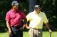 NORTON, MA - SEPTEMBER 06: Tiger Woods looks to his left as he stands in front of Angel Cabrera of Argentina on the third green on the final round of the Deutsche Bank Championship at TPC Boston on September 6, 2010 in Norton, Massachusetts. (Photo by M
