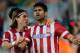 MADRID, SPAIN - APRIL 18: Diego Costa (R) of Atletico de Madrid celebrates scoring their second goal with teammate Filipe Luis (L) during the La Liga match between Club Atletico de Madrid and Elche FC at Vicente Calderon Stadium on April 18, 2014 in Madr