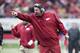 LITTLE ROCK, ARKANSAS - NOVEMBER 23: Head Coach Bret Bielema of the Arkansas Razorbacks points to a official during a game against the Mississippi State Bulldogs at War Memorial Stadium on November 23, 2013 in Little Rock, Arkansas. The Bulldogs defeate