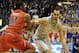 Mar 5, 2014; Lawrence, KS, USA; Kansas Jayhawks forward Perry Ellis (34) drives to the basket against Texas Tech Red Raiders forward Jordan Tolbert (32) in the second half at Allen Fieldhouse. Kansas won the game 82-57. Mandatory Credit: John Rieger-USA T