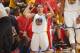 OAKLAND, CA - APRIL 27: Klay Thompson #11 of the Golden State Warriors celebrates a play against the Los Angeles Clippers in Game Four of the Western Conference Quarterfinals during the 2014 NBA Playoffs at Oracle Arena on April 27, 2014 in Oakland, Calif