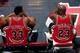 VANCOUVER, BC - JANUARY 27: Scottie Pippen #33 and Michael Jordan #23 of the Chicago Bulls sit on the bench during the game against the Vancouver Grizzlies at General Motors Place on January 27, 1998 in Vancouver, British Columbia, Canada. NOTE TO USER: