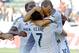 May 25, 2014; Carson, CA, USA; Los Angeles Galaxy forward Landon Donovan (10) gets a hug from forward Robbie Keane (7) after scoring his record breaking 135th MLS goal in the second half of the game against the Philadelphia Union at StubHub Center. Mand