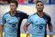 Jul 12, 2014; Montreal, Quebec, CAN; Sporting KC forward Dom Dwyer (14) (right) celebrates his goal against Montreal Impact with teammate Sporting KC defender Matt Besler (5) during the first half at the Stade Saputo. Mandatory Credit: Jean-Yves Ahern-USA