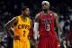 Feb 24, 2013; Miami, FL, USA; Cleveland Cavaliers point guard Kyrie Irving (2) and Miami Heat small forward LeBron James (6) during the second half at the American Airlines Arena. MIami won 109-105. Mandatory Credit: Steve Mitchell-USA TODAY Sports