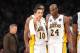 LOS ANGELES, CA - MARCH 10: Steve Nash #10 of the Los Angeles Lakers confers with teammate Kobe Bryant #24 in their game against the Chicago Bulls at Staples Center on March 10, 2013 in Los Angeles, California. NOTE TO USER: User expressly acknowledges an