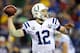 FOXBORO, MA - JANUARY 11: Andrew Luck #12 of the Indianapolis Colts looks to throw a pass against the New England Patriots during the AFC Divisional Playoff game at Gillette Stadium on January 11, 2014 in Foxboro, Massachusetts. (Photo by Al Bello/Gett