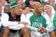 BOSTON - MAY 28: Paul Pierce #34 and Sam Cassell #28 of the Boston Celtics watch the action against the Detroit Pistons in Game Five of the Eastern Conference Finals during the 2008 NBA Playoffs on May 28, 2008 at TD Banknorth Garden in Boston, Massachus