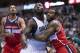 Nov 12, 2013; Dallas, TX, USA; Dallas Mavericks center DeJuan Blair (45) fights for positions with Washington Wizards power forward Trevor Booker (35) during the first half at the American Airlines Center. Mandatory Credit: Jerome Miron-USA TODAY Sports
