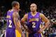OAKLAND, CA - APRIL 06: Shannon Brown #12 and Derek Fisher #2 of the Los Angeles Lakers discuss the game-plan against the Golden State Warriors on April 6, 2011 at Oracle Arena in Oakland, California. NOTE TO USER: User expressly acknowledges and agrees t