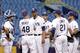 ST. PETERSBURG, FL - JUNE 9: Pitching coach Jim Hickey #48 of the Tampa Bay Rays comes out to the mound to speak with pitcher David Price #14 of the Tampa Bay Rays after Price loaded the bases during the third inning of a game on June 9, 2014 at Tropican